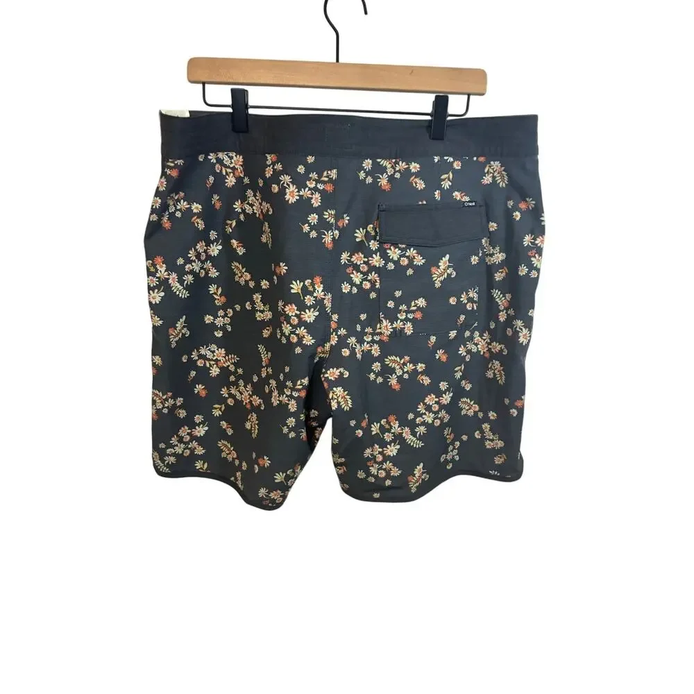 O'Neill Board Shorts Mens 36 Gray Floral OG Print Scallop 18” Swim Trunks NEW